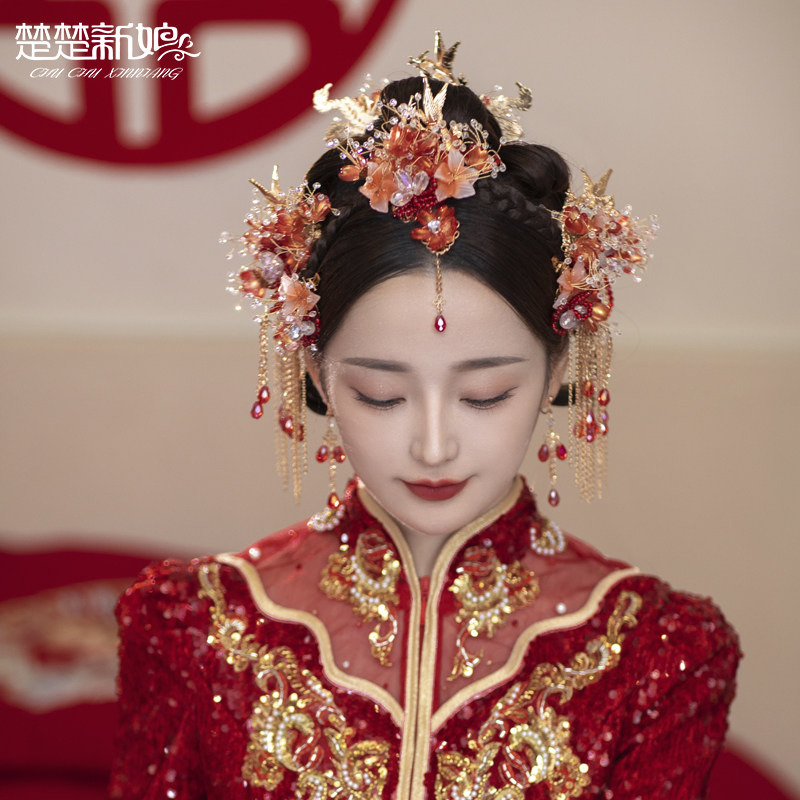 新款中式红色新娘结婚秀禾发饰减龄古典眉心坠带侧边夹头饰套装