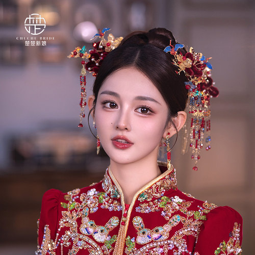 2026新款中式绒花新娘结婚秀禾服复古凤钗旗袍秀禾头饰套装配饰品