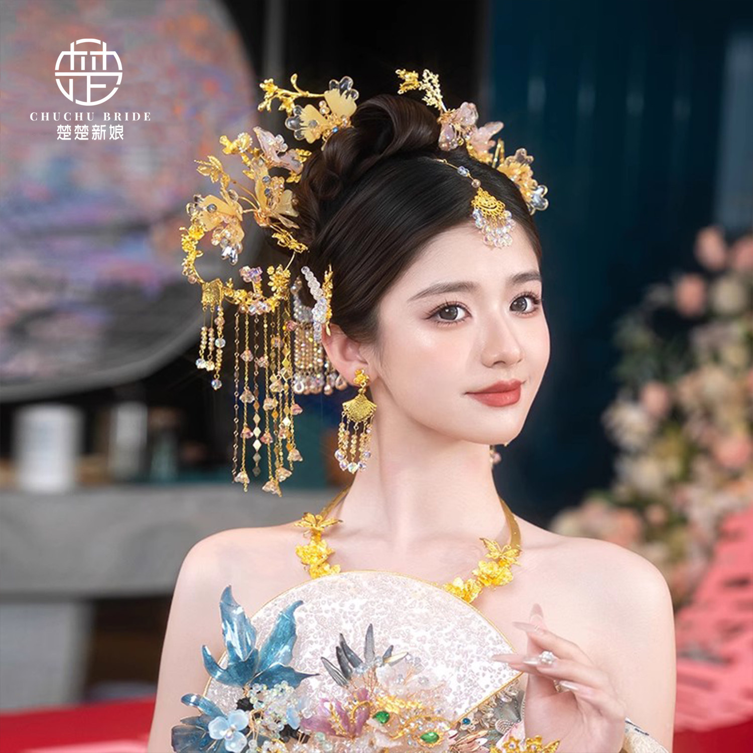 新中式新娘头饰金色水晶花眉心坠秀禾晨袍旗袍龙凤褂汉服发饰