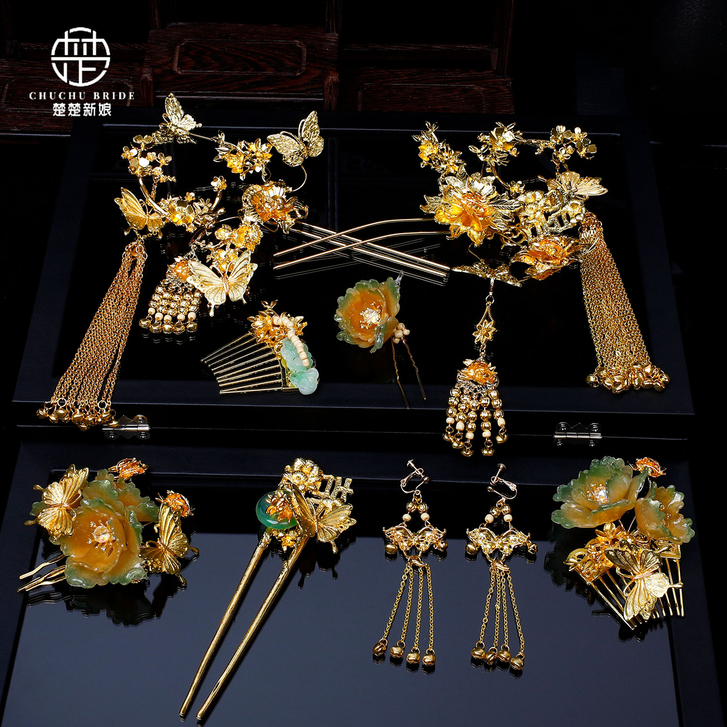 中式新娘头饰古风金色花朵发饰新娘秀禾服龙凤褂中国风婚礼头饰品