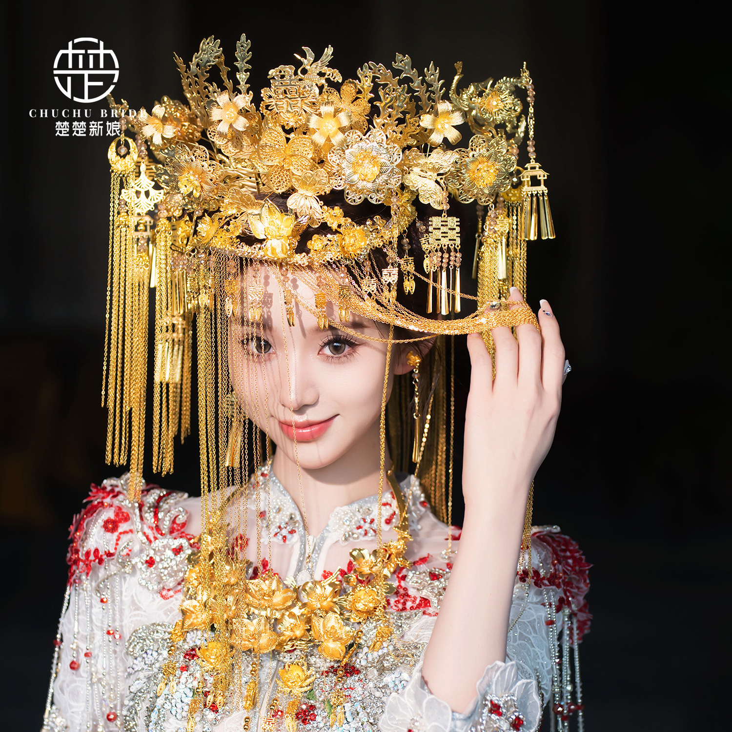 新款新娘金色凤冠中式婚礼结婚秀禾龙凤褂头冠面帘大凤冠流苏饰品
