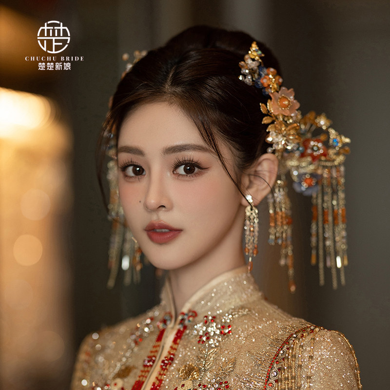 新娘头饰金色手工琉璃古典古风汉服拍照浅色秀禾服中式发饰套装