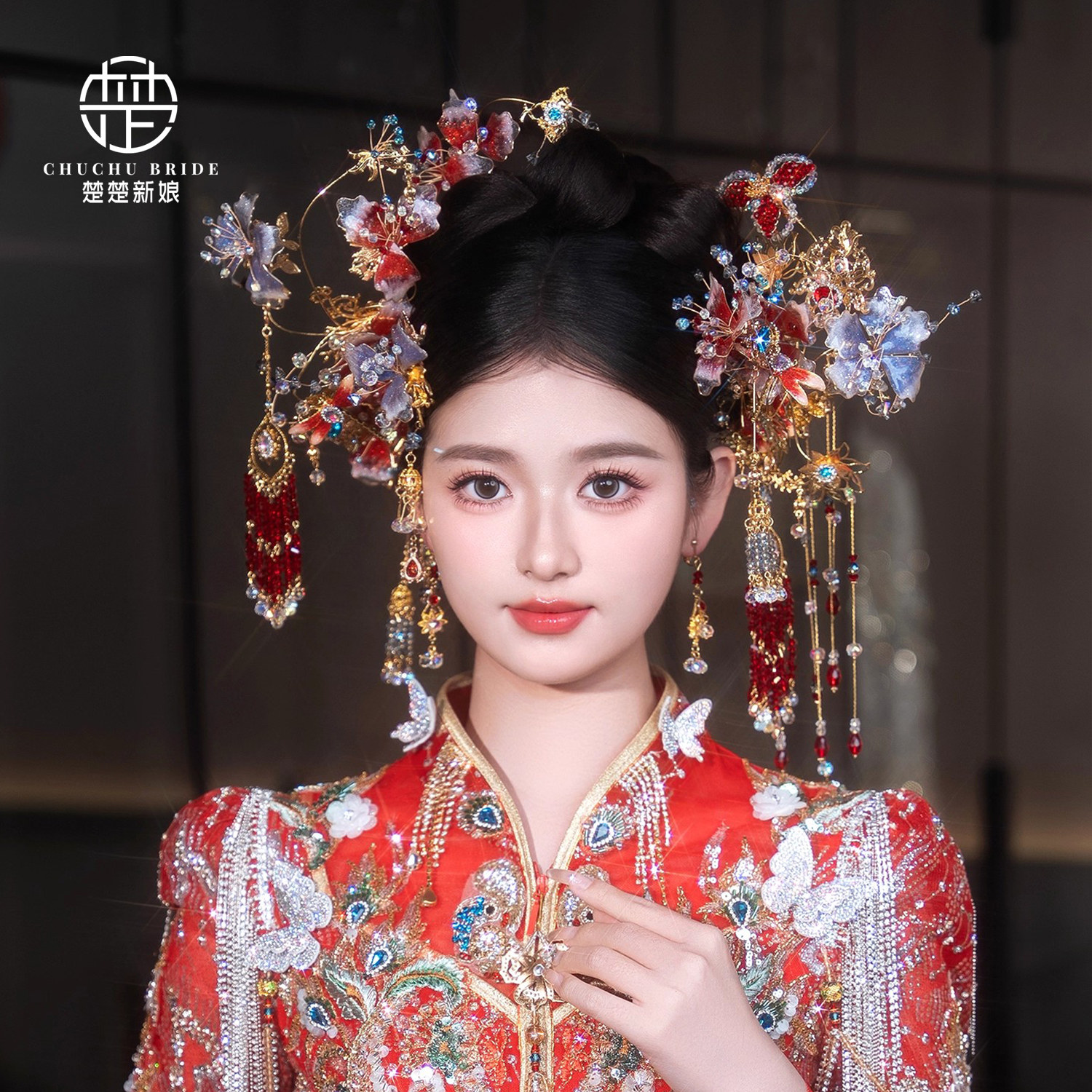 新中式新娘结婚头饰红色水晶花朵发饰秀禾龙凤褂古典婚礼配饰品
