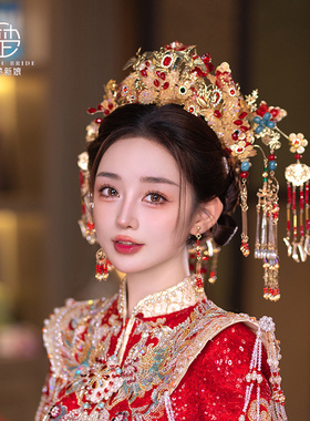 2025年新娘头饰中式凤冠金色古风琉璃花前后冠秀禾服汉服结婚发饰