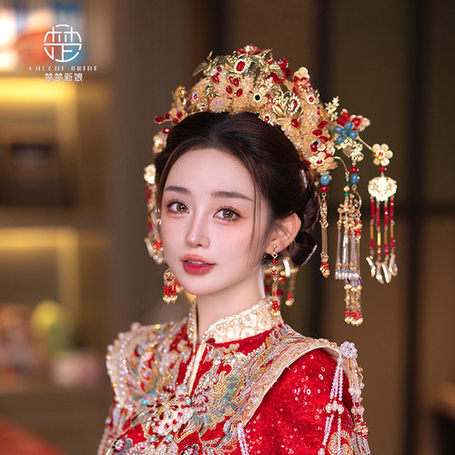 2025年新娘头饰中式凤冠金色古风琉璃花前后冠秀禾服汉服结婚发饰