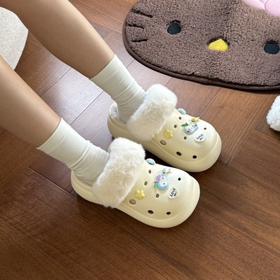 洞洞鞋女冬天外穿增高厚底加绒加厚毛毛拖鞋室内居家防滑棉拖鞋