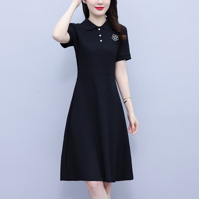 POLO翻领连衣裙女夏季刺绣减龄显瘦时尚气质黑色休闲运动a字裙子
