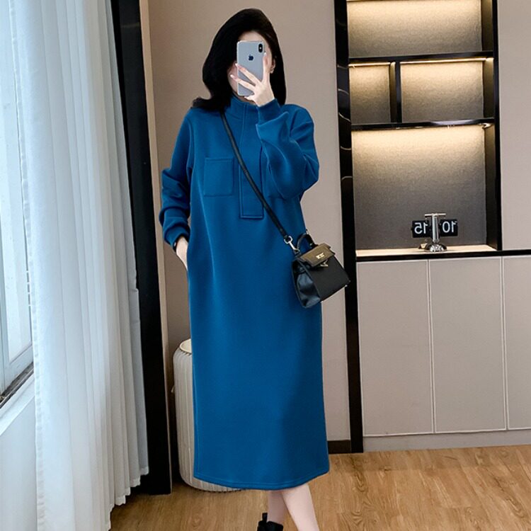 过膝长款连衣裙女春秋遮肉大码宽松减龄显瘦春季百搭休闲卫衣裙子