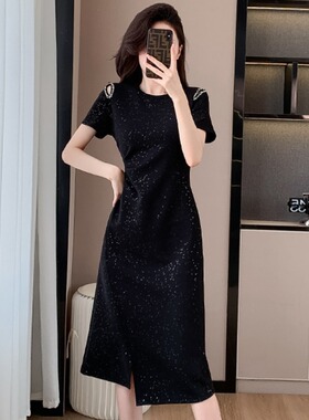 黑色开叉连衣裙女夏季减龄气质收腰显瘦设计感休闲中长款T恤裙子