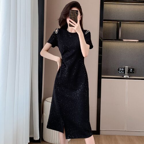 黑色开叉连衣裙女夏季减龄气质收腰显瘦设计感休闲中长款T恤裙子