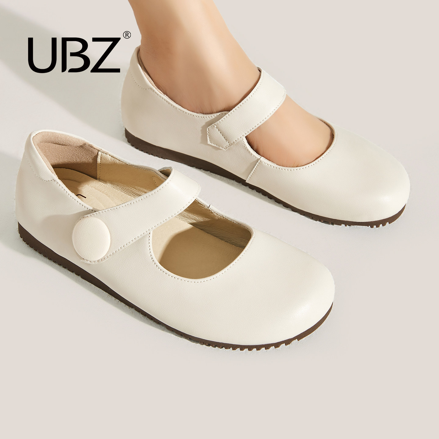 UBZ 防水白色玛丽珍女2026春夏新款真皮软底小皮鞋孕妇单鞋勃肯鞋
