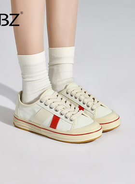 UBZ 帆布鞋女款2026新款白色春季透气百搭运动休闲复古平底小白鞋