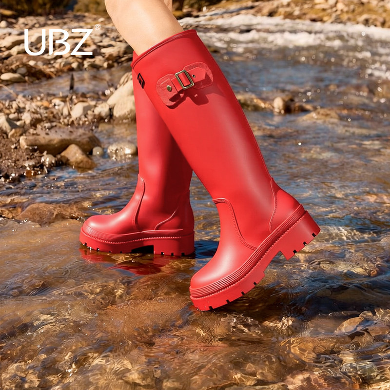UBZ 户外雨靴女士防水防滑红色战靴骑士长筒靴高颜值雨鞋涉水鞋子
