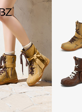 UBZ 复古高帮德训赛车靴女2026新款春拳击靴户外工装绑带马丁长靴