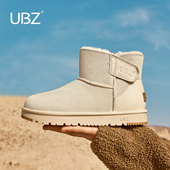 UBZ 魔术贴短筒加绒加厚厚底棉鞋 防水牛皮雪地靴女2026年冬季 新款
