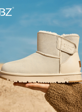 UBZ 防水牛皮雪地靴女2026年冬季新款魔术贴短筒加绒加厚厚底棉鞋