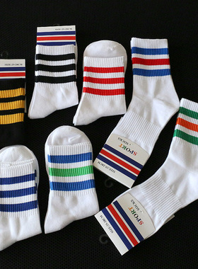时尚潮袜三杠条纹中筒袜休闲运动袜子学院风街头袜春夏秋薄款