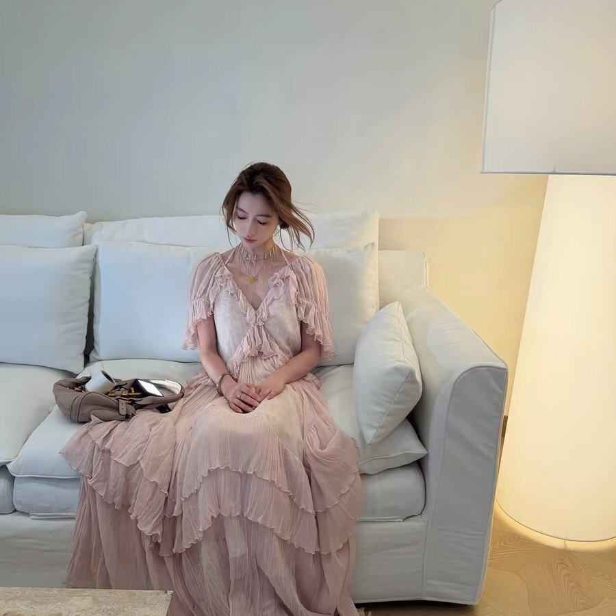 cunblvd常存 法式蕾丝泡泡袖设计感长裙女粉色荷叶边仙女连衣裙