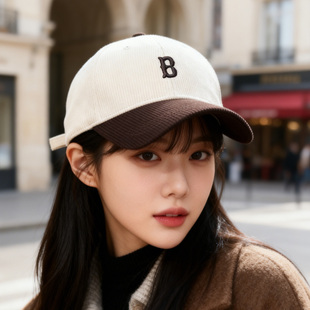 帽子棒球帽韩国代购 字母潮鸭舌帽男女秋冬新 拼色灯芯绒硬顶明星B