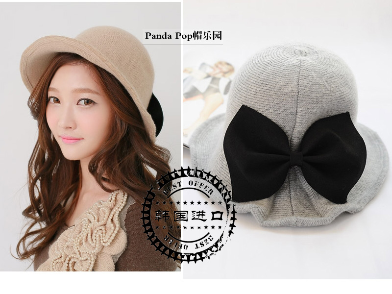 包邮韩国代正品优雅羊毛呢礼帽蝴蝶结盆帽女士韩版冬大码帽