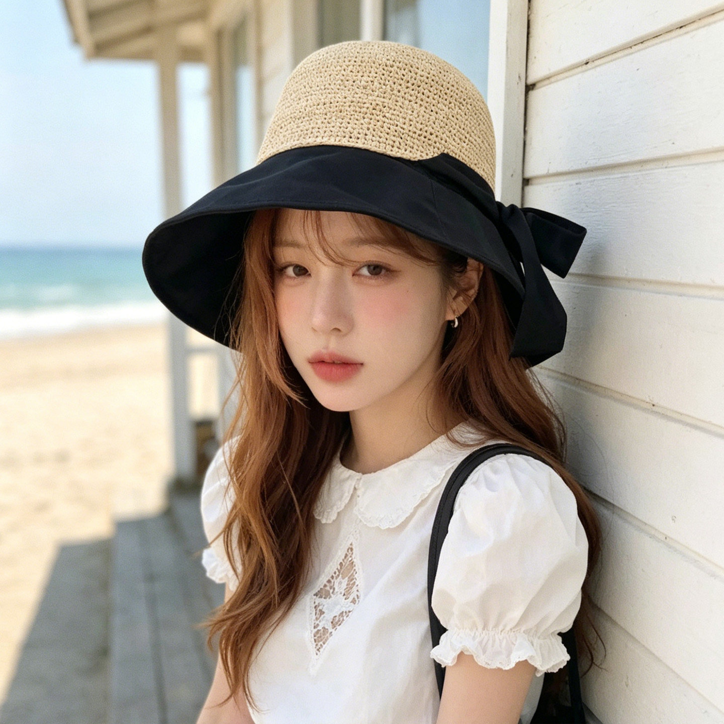 韩代拼接款蝴蝶结大檐草帽女遮阳