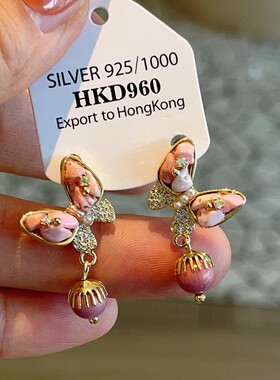 s925银针新款手工粉色松石蝴蝶耳环时尚百搭心形耳钉铜镀真金耳饰