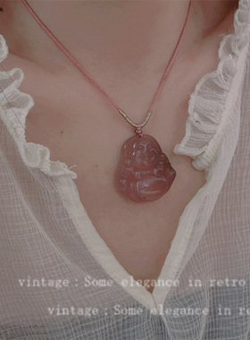 新式中国风天然石玉髓藕粉色水晶如意大佛玛瑙锁骨项链显白吊坠