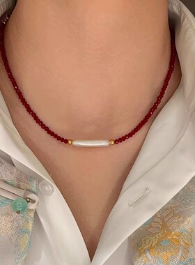 银条巴洛克牙签淡水珍珠安可拉红琉璃串珠项链女气质红水晶锁骨链