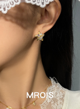 设计师厚镀18K真金海星锆石耳钉925银针轻奢高级感海洋原创耳饰女