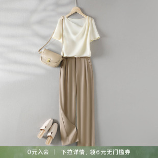 IHIMI/海谧26夏款女气质简约知性套装显瘦荡领小衫直筒休闲裤套装