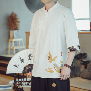 风夏季刺绣薄款亚麻T恤男士大码短袖 YM76/P55图片