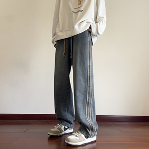 美式复古三条杠牛仔裤男秋冬新款潮牌水洗宽松休闲阔腿拖地长裤子图片