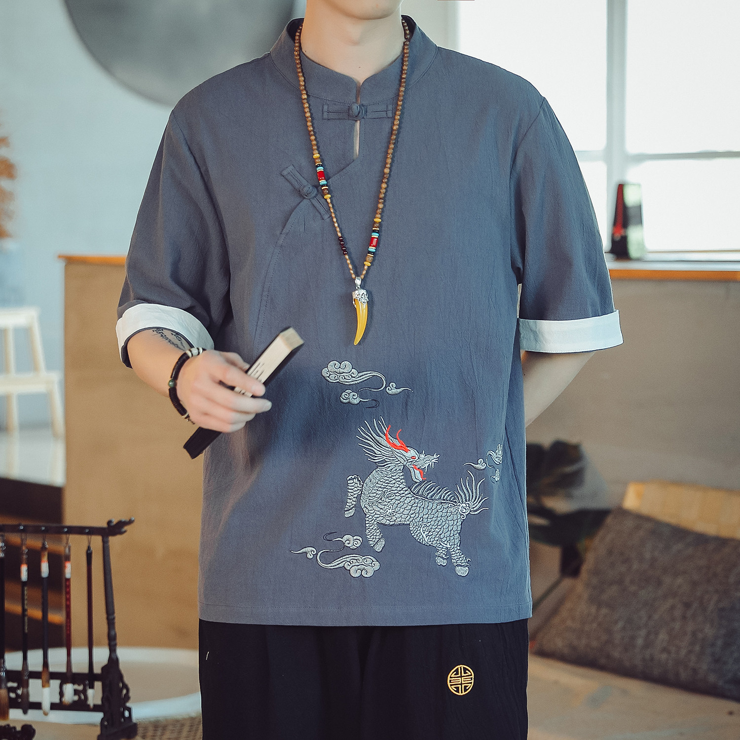 风夏季刺绣薄款亚麻T恤男士大码短袖YM77/P55,男装T恤,钱塘322（原A036）