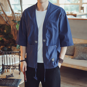 风亚麻七分袖开衫男薄款复古日系和服开衫道袍A036-HF03/P35图片