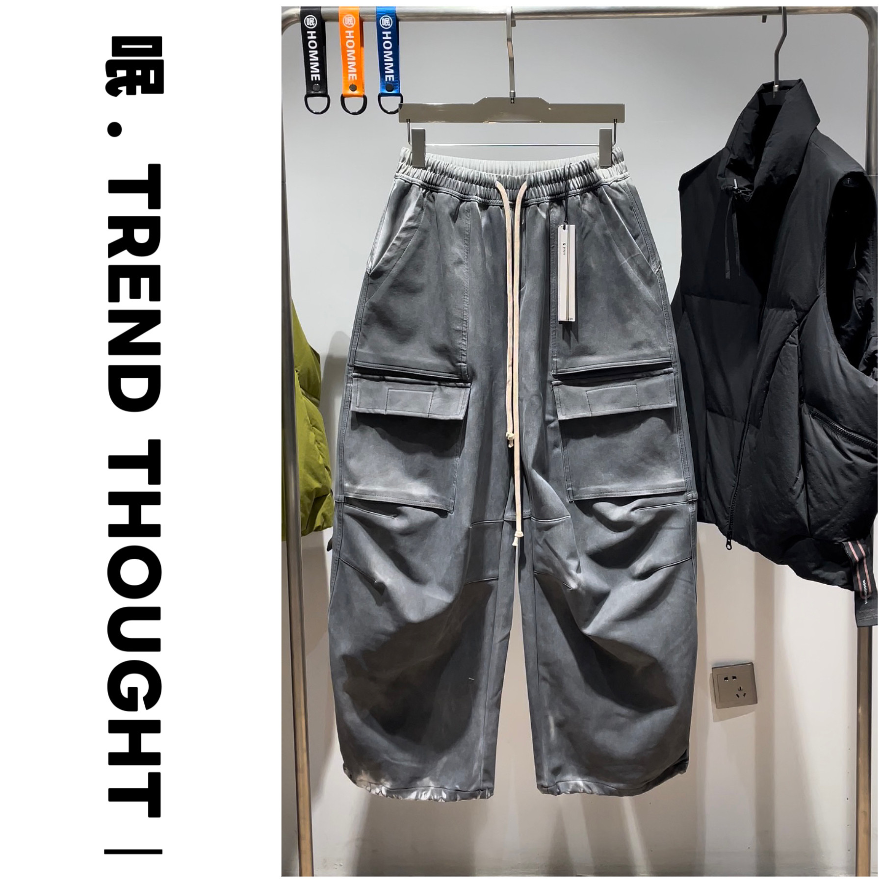 呡.TREND THOUGHT丨JIUJIN加厚抓绒工装裤宽松阔腿裤