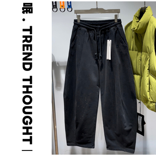 呡.TREND THOUGHT丨JIUJIN针织长裤水洗做旧破洞涂鸦宽松直筒裤