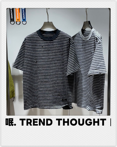 呡. TREND THOUGHT丨 YZZM 条纹磨破做旧短袖