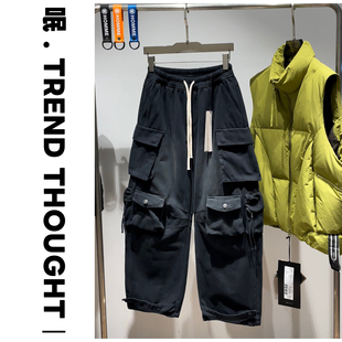 呡.TREND THOUGHT丨JIUJIN梭织长裤水洗工装加绒牛仔裤口袋阔腿裤