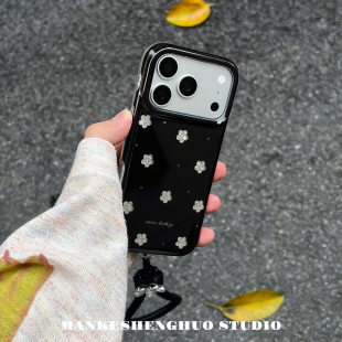 韩系ins复古简约小清新黑色花朵苹果17手机壳适用iPhone17promax小众高级感女新款16pro手提挂绳15全包保护套