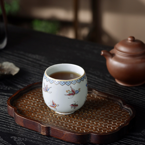 景德镇陶瓷粉彩蝴蝶花口杯喝茶杯茶盏主人杯茶具家用中式高档单个