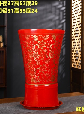 特大号高筒陶瓷大花盆中国风喜庆红色陶盆发财树幸福树高筒深盆