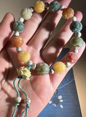 有钱花财神莲花菩提根手串水草玛瑙白玉菩提女款平安闺蜜多宝手链