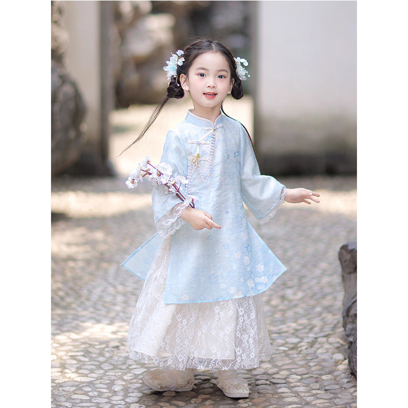 新中式汉服女童盘扣旗袍裙套装