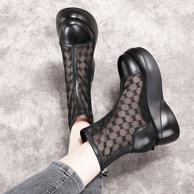 厚底网纱凉鞋女夏季真皮罗马凉靴