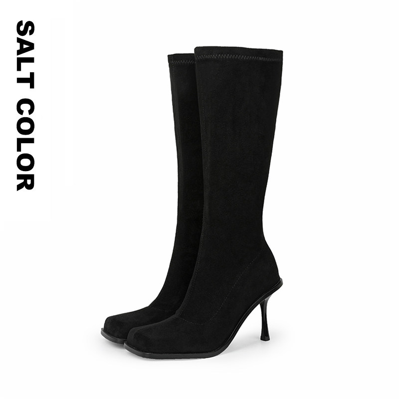 显瘦修身方头绒面弹力靴