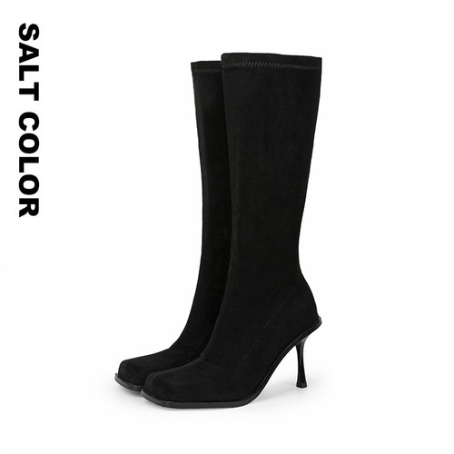 显瘦修身方头绒面弹力靴