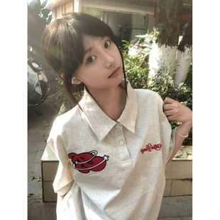 纯棉美式潮牌刺绣POLO领白灰色短袖T恤男女夏季穿搭套头上衣半袖