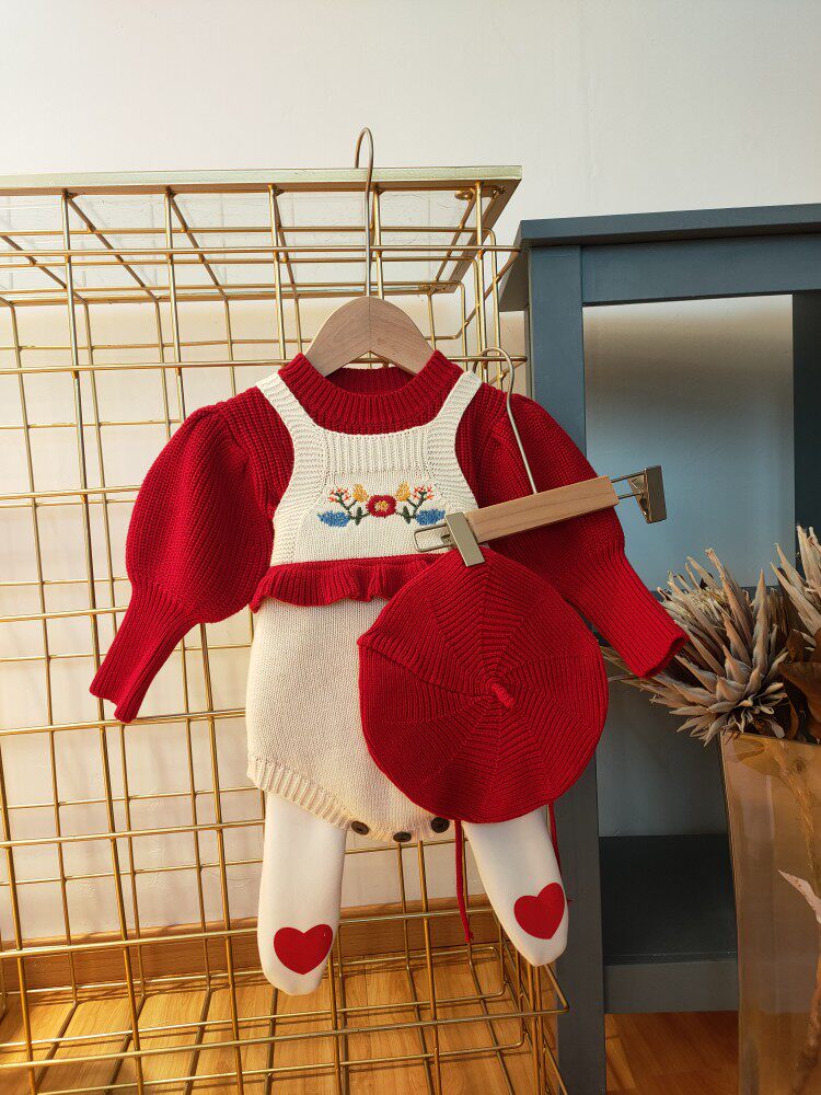 女宝宝婴幼儿周岁宴哈衣爬服针织拜年服连体衣毛衣套装红色新年服