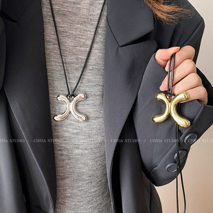 韩版ins双C长款项链女春天爆款复古金属毛衣链气质银色卫衣链配饰