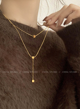 双层方块设计感小众项链